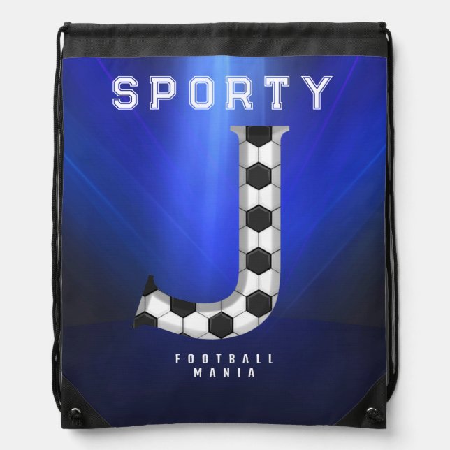 Sporty Football Initial Letter J Editable Text Drawstring Bag (Front)