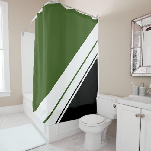 Sporty Forest Green Black White Racing Stripes Shower Curtain