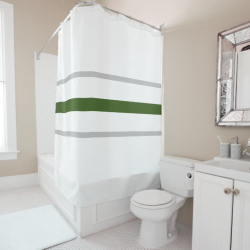 Sporty Forest Green Gray Racing Stripes On White Shower Curtain