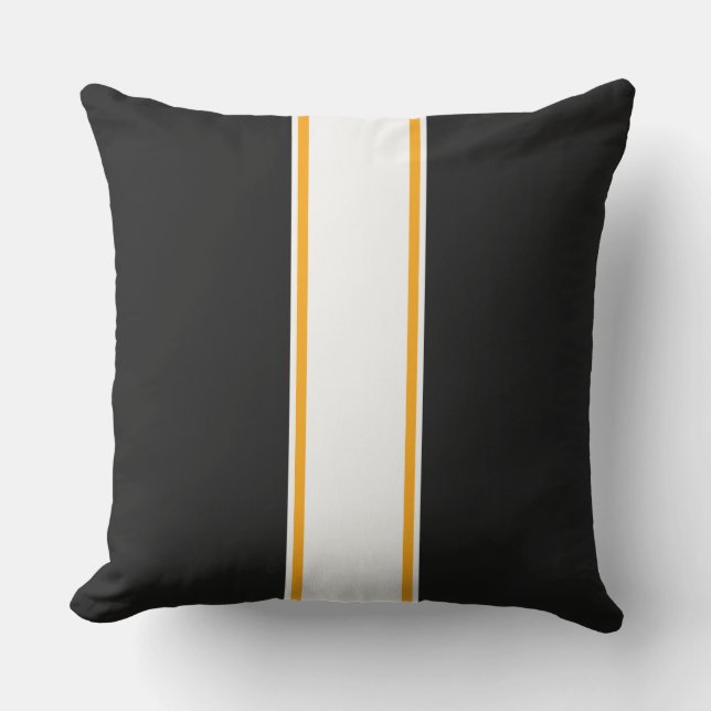 Sporty Fun Black Slim Yellow White Racing Stripes Outdoor Pillow (Front)