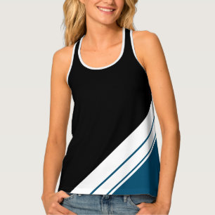 Sporty Fun Black Teal White Corner Racing Stripes Tank Top