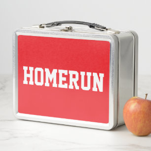 Sporty Fun Bright Red Bold White HOMERUN Text Metal Lunch Box