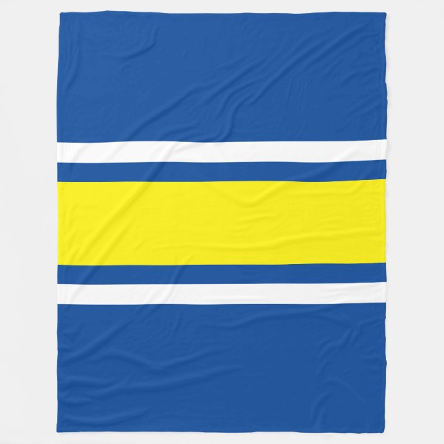 Sporty Fun Bright Yellow White Blue Racing Stripes Fleece Blanket (Front)