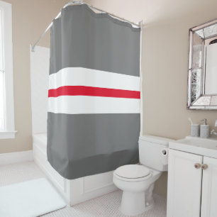 Sporty Fun Gray Bright Red White Racing Stripes Shower Curtain