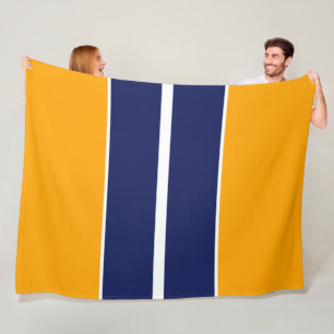 Sporty Fun Navy Blue White Yellow Racing Stripes Fleece Blanket