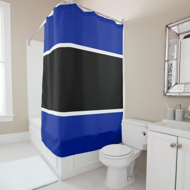 Sporty Fun Wide Black White Navy Blue Stripes Shower Curtain (In Situ)