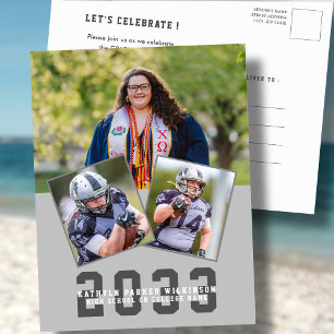 Sporty Girl Modern Bold Script 3 Photo Graduation Invitation Postcard