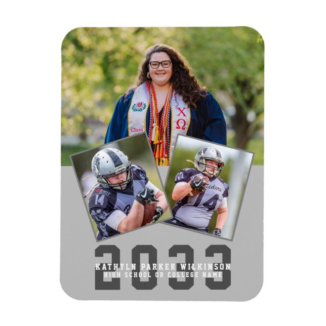 Sporty Girl Modern Bold Script Graduation 3 Photo Magnet (Vertical)