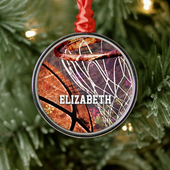 Sporty Girls Basketball and Hoop her name Metal Ornament (Tree)