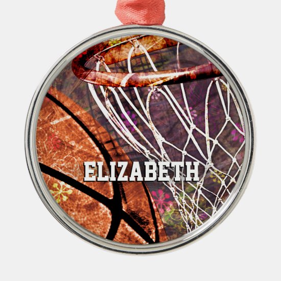 Sporty Girls Basketball and Hoop her name Metal Ornament