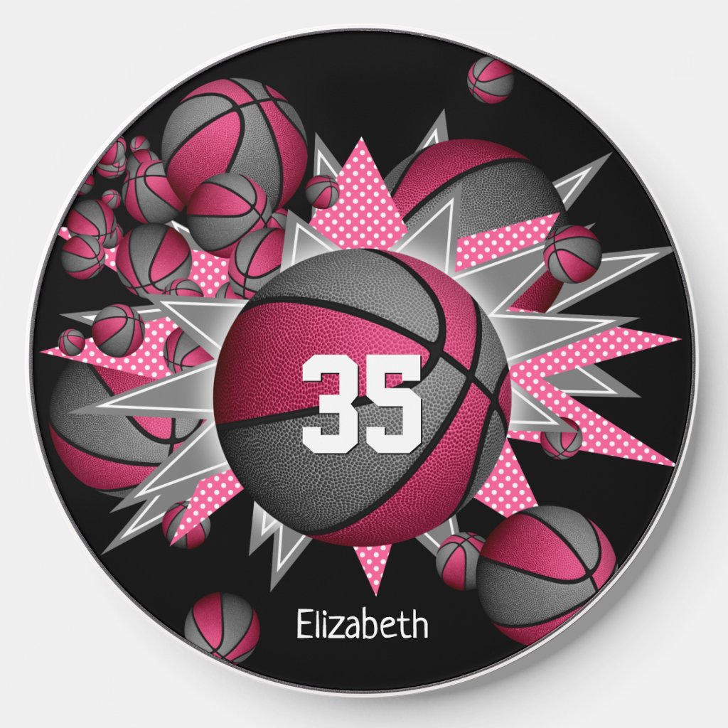 sporty girl's pink gray basketball blowout wireless charger