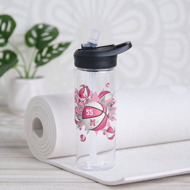 sporty girl's pink white basketball blowout water bottle (Yoga)