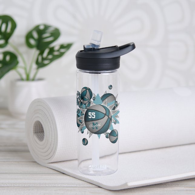 sporty girl's teal gray basketball blowout water bottle (Yoga)