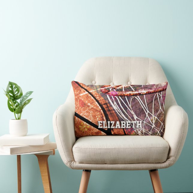 Sporty Girly Basketball and Hoop Pink Purple Lumbar Pillow (Chair)