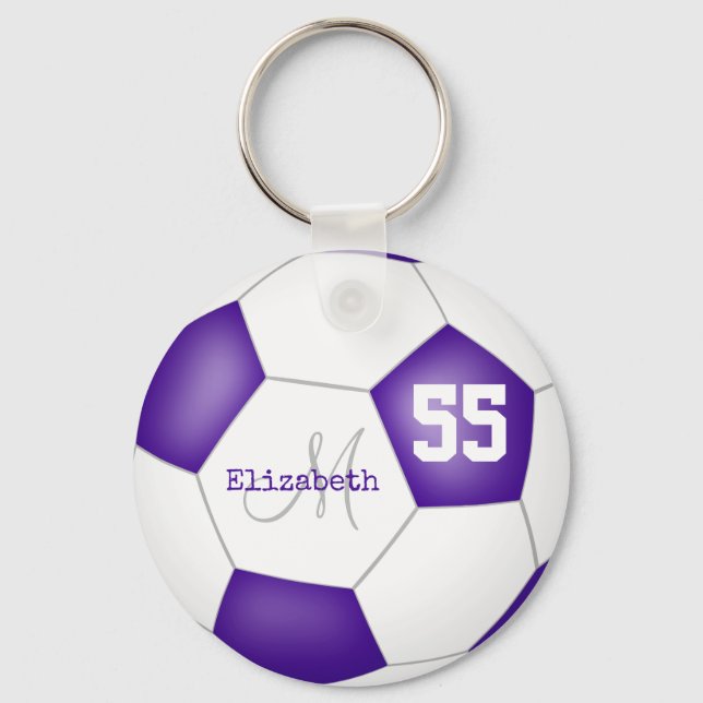 sporty girly purple and white soccer ball keychain (Front)