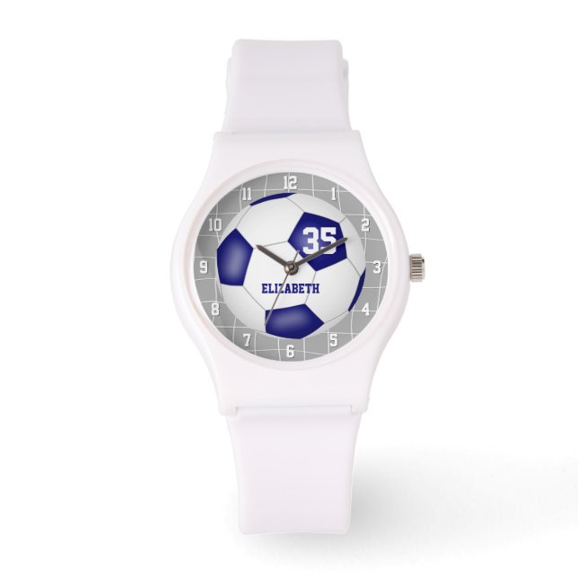 sporty goal net detail blue white soccer watch (Front)