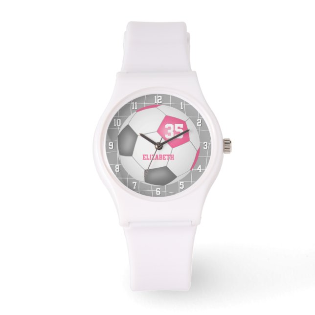sporty goal net detail pink gray white soccer watch (Front)