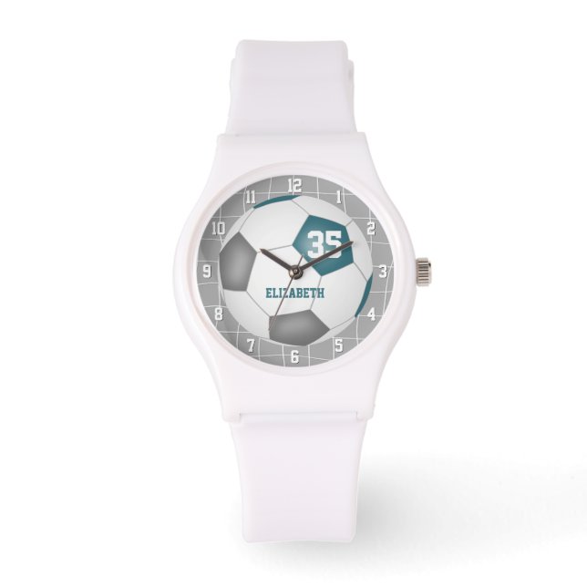 sporty goal net detail teal gray white soccer watch (Front)