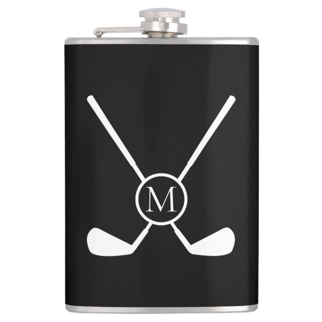 Sporty Golf Clubs Illustration White Monogram Flask (Front)
