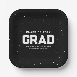 Sporty grad athlete black personalized graduation paper plates