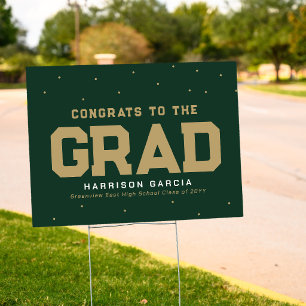 Sporty grad athlete green gold graduation party sign