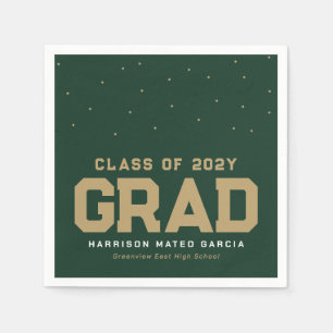 Sporty grad green gold personalized graduation napkins