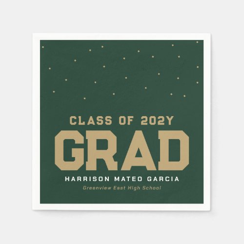Sporty grad green gold personalized graduation napkins