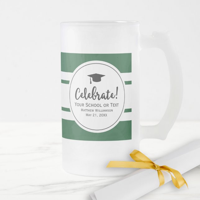 Sporty Graduation Modern Collegiate Green Stripe Frosted Glass Beer Mug (Creator Uploaded)
