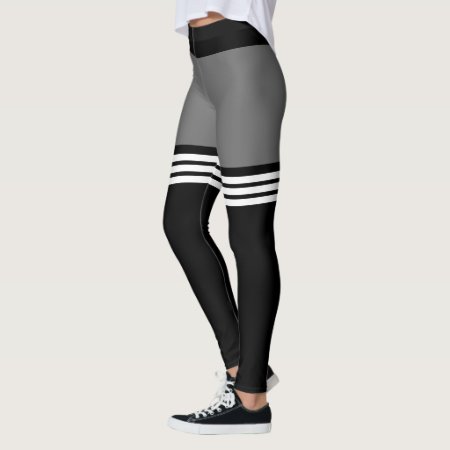 Sporty Gray Black And White Striped Leggings