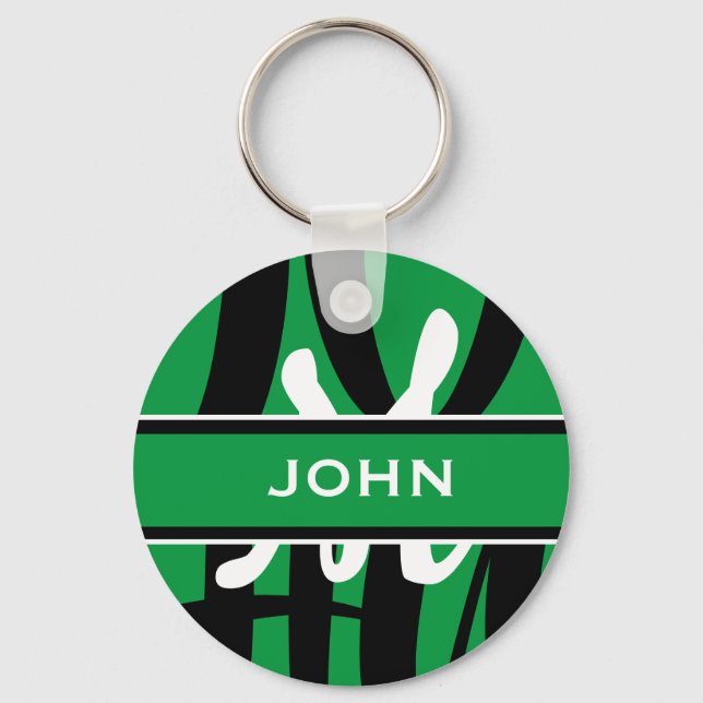 Sporty Green Black White Monogram Personalized  Keychain (Front)