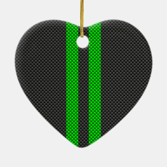Sporty Green Carbon Fiber Style Racing Stripes Ceramic Ornament (Back)