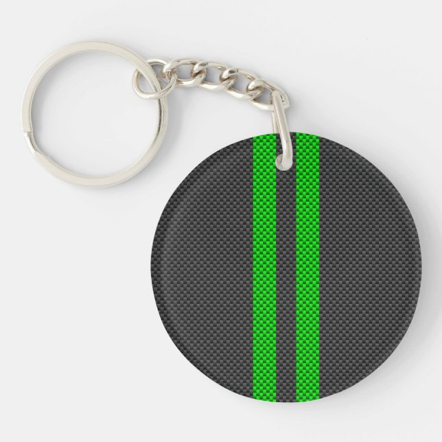 Sporty Green Carbon Fiber Style Racing Stripes Keychain (Front)