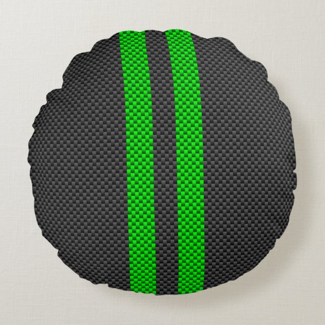 Sporty Green Carbon Fiber Style Racing Stripes Round Pillow (Front)