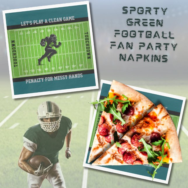 Sporty Green Football Fan Party Napkins (Tackle the mess on Game Day with these fun and functional football party napkins! )