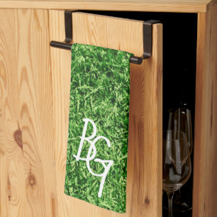 Sporty Green Grass Background Monogram Initials Kitchen Towel
