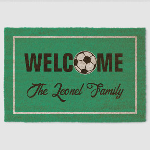 Sporty green soccer field personalized coir fiber doormat