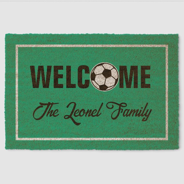 Sporty green soccer field personalized coir fiber doormat (Front)