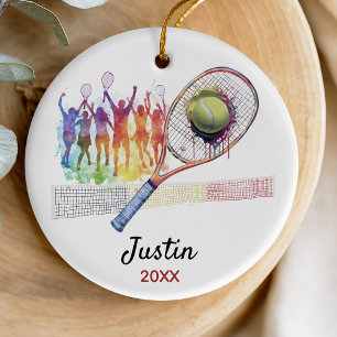 Sporty Green Watercolor Tennis Racquet Keepsake Ceramic Ornament