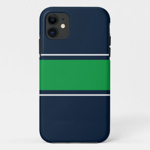 Sporty Green White Racing Stripes On Navy Blue iPhone 11 Case