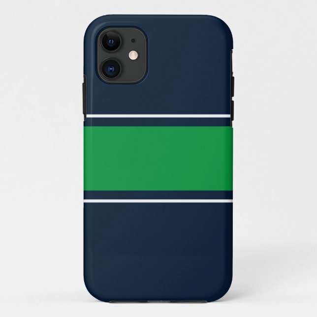 Sporty Green White Racing Stripes On Navy Blue Case-Mate iPhone Case (Back)