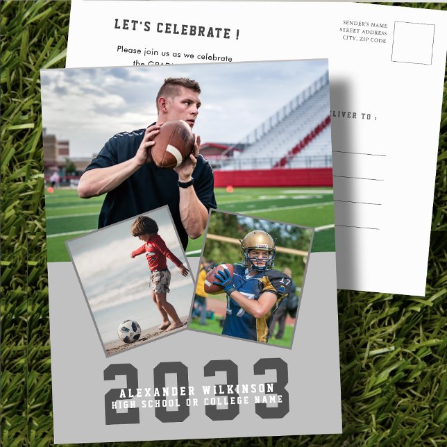 Sporty Guy Modern Bold Script 3 Photo Graduation Invitation Postcard (Creator Uploaded)
