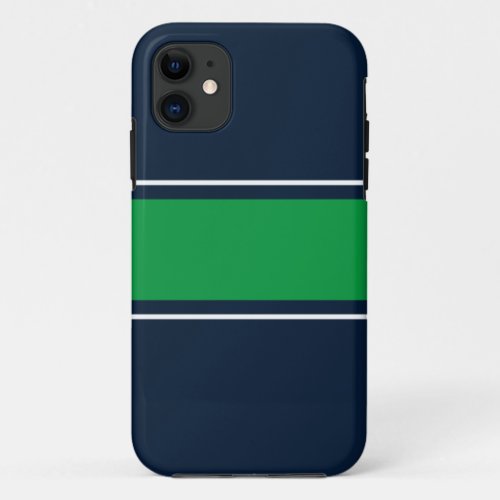 Sporty Kelly Green White Racing Stripes On Navy iPhone 11 Case