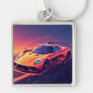 Sporty Luxury Car on Road at Sunset Vibrant Sky Keychain