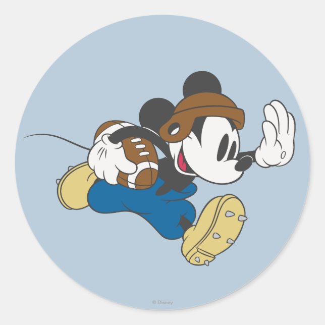 Sporty Mickey | Running with Football Classic Round Sticker (Front)