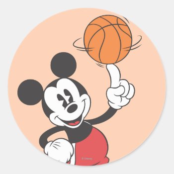 Sporty Mickey | Spinning Basketball Classic Round Sticker by MickeyAndFriends at Zazzle