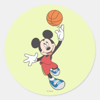 Sporty Mickey | Throwing Basketball Classic Round Sticker by MickeyAndFriends at Zazzle