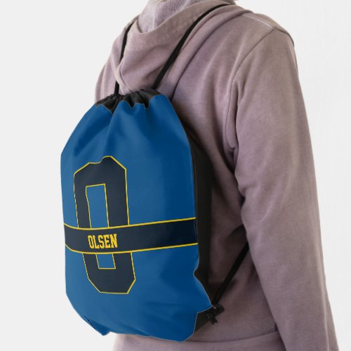 Sporty Modern Blue Yellow Personalized Monogram Drawstring Bag