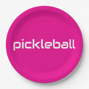 Sporty Modern Bright Pink White PICKLEBALL Text Paper Plates