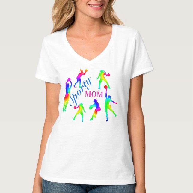 Sporty Mom Rainbow Handball Figures Mother's Day T-Shirt (Front)