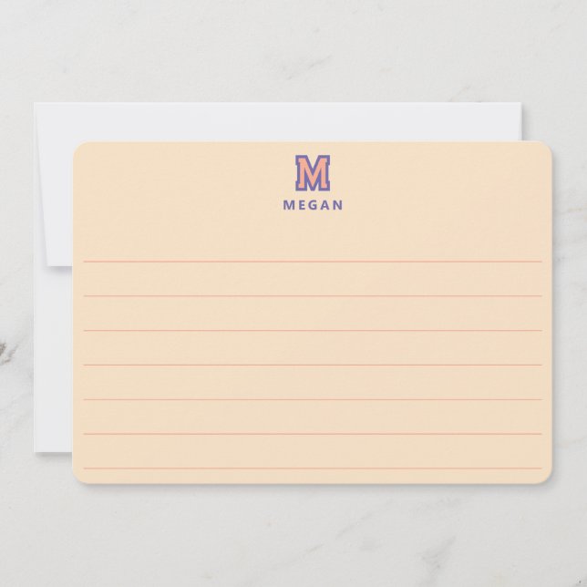 Sporty Monogram, Orange Lined Large Flat Note Card (Front)